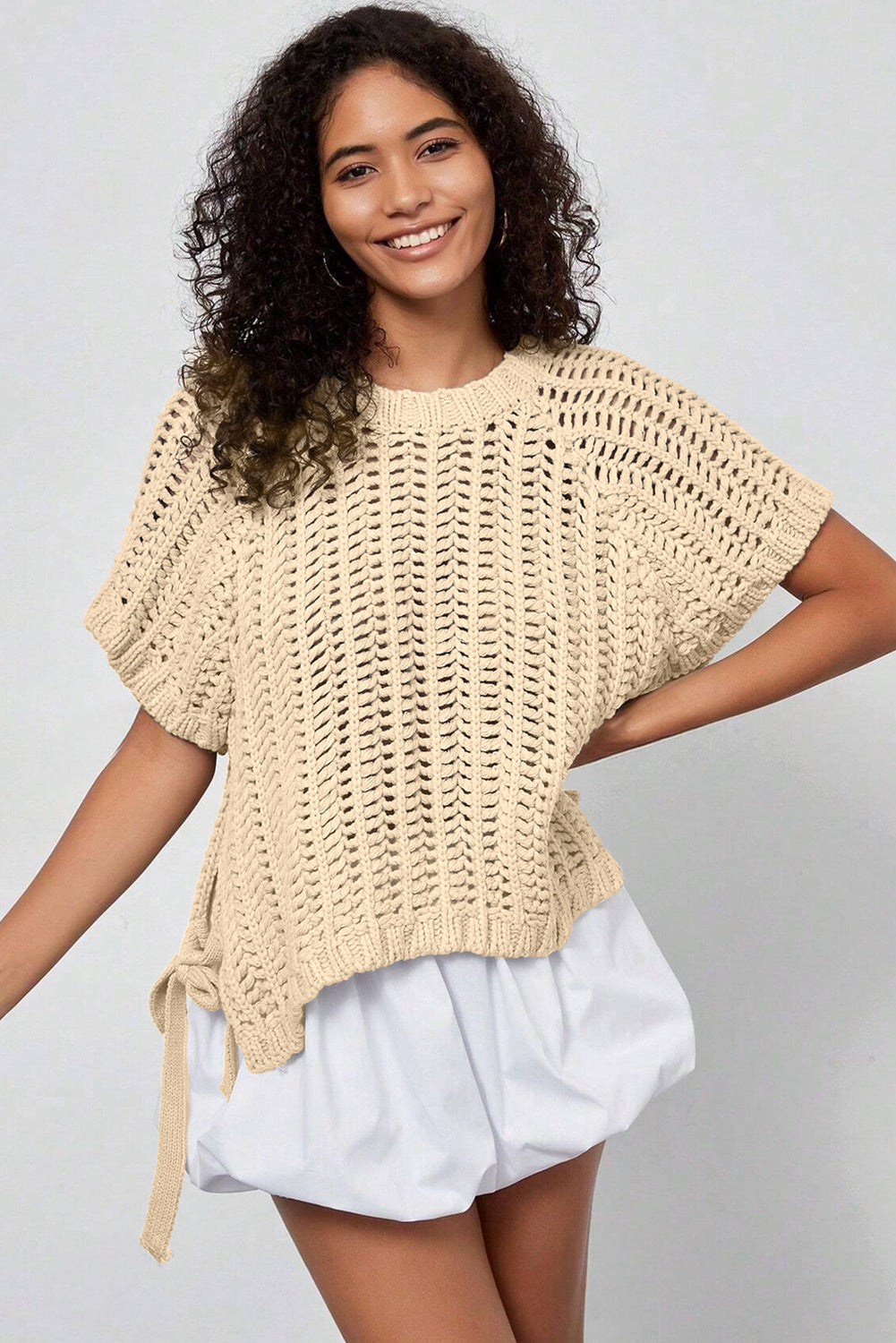 Apricot Plus Size Open Knit Bow Tie Short Sleeve Sweater